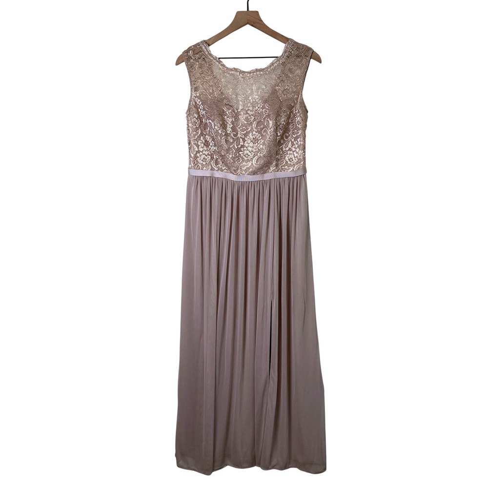 David's Bridal Womens Lace Chiffon Maxi Formal Gown Size 10 Gold Taupe